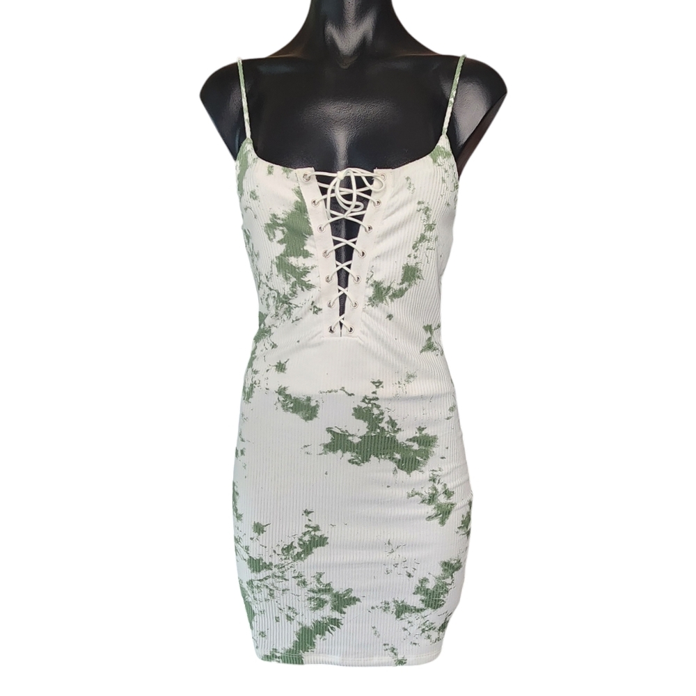 Tank Dress Womens Small Lace Up Front Ribbed Tie Dye White Green Bodycon